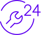 Assistance 24/24 : Service Réparation Continu Icône ronde violette affichant une clé à molette et le chiffre 24, symbolisant un service d'assistance ou de réparation 24 heures sur 24.