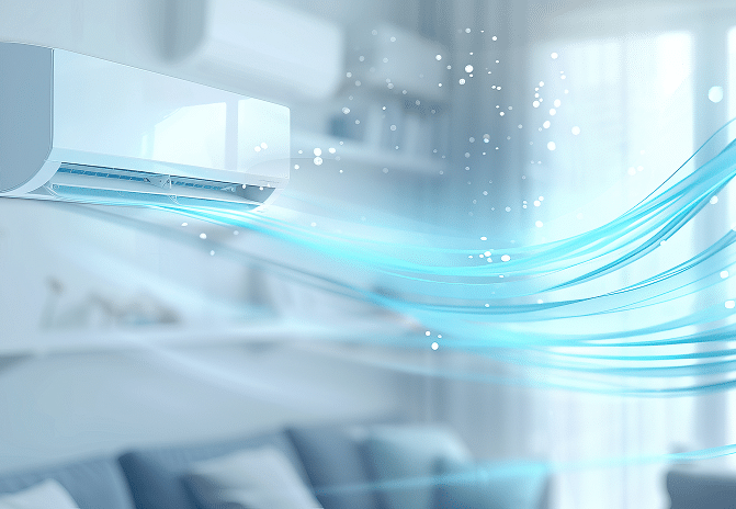 Climatiseur mural blanc diffusant un flux d'air frais et bleu, symbolisant le refroidissement et le confort intérieur.