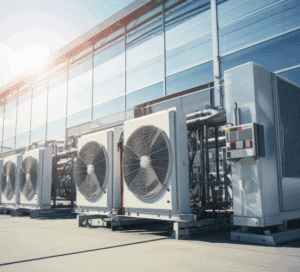 Unité de condensation de climatisation extérieure, série de machines HVAC sur un toit plat devant une façade de bâtiment moderne en verre.