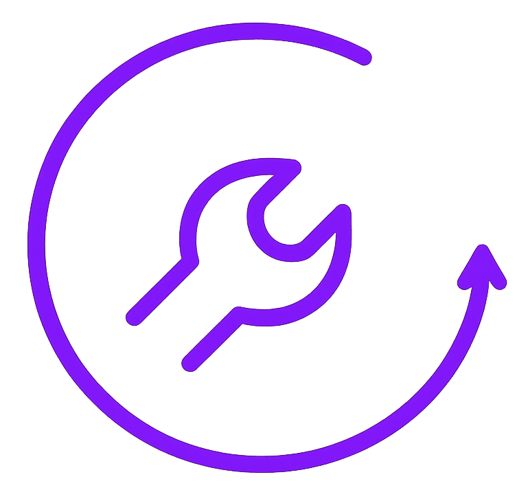 Icône Maintenance et Réparation : Clé Violette et Flèche Icône violette minimaliste d'une clé plate entourée d'une flèche circulaire pour la maintenance et les réglages.